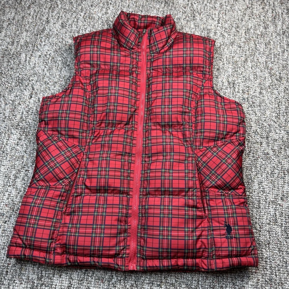 US Polo Assn Vest Womens XL Plaid Puffer Logo Red